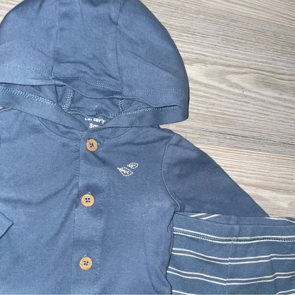 Carter’s Baby Boys 2PC Outfit 3M Blue Stripe Pants & Hooded Button Shirt